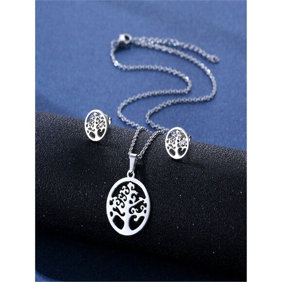 3 Pc Tree of Life Pendant Necklace & Stud Earrings Set Stainless Fashion Jewelry - Picture 1 of 5